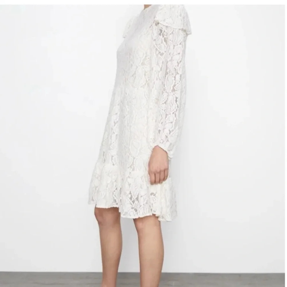 Zara Ivory Floral Lace Mini Dress Balloon Sleeve Ruffle Boho Wedding Guest M - Picture 5 of 16